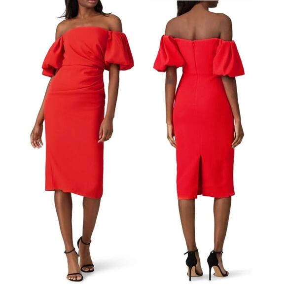 Shoshana Size 8 Red Puff Off the Shoulder Janessa Midi Dress Vacation Birthday - Picture 1 of 16